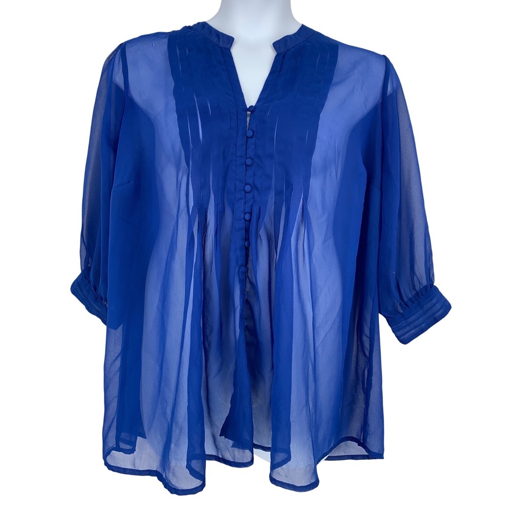 FYLO Royal Blue Sheer Blouse XL Flowy Button Front Office Goth
